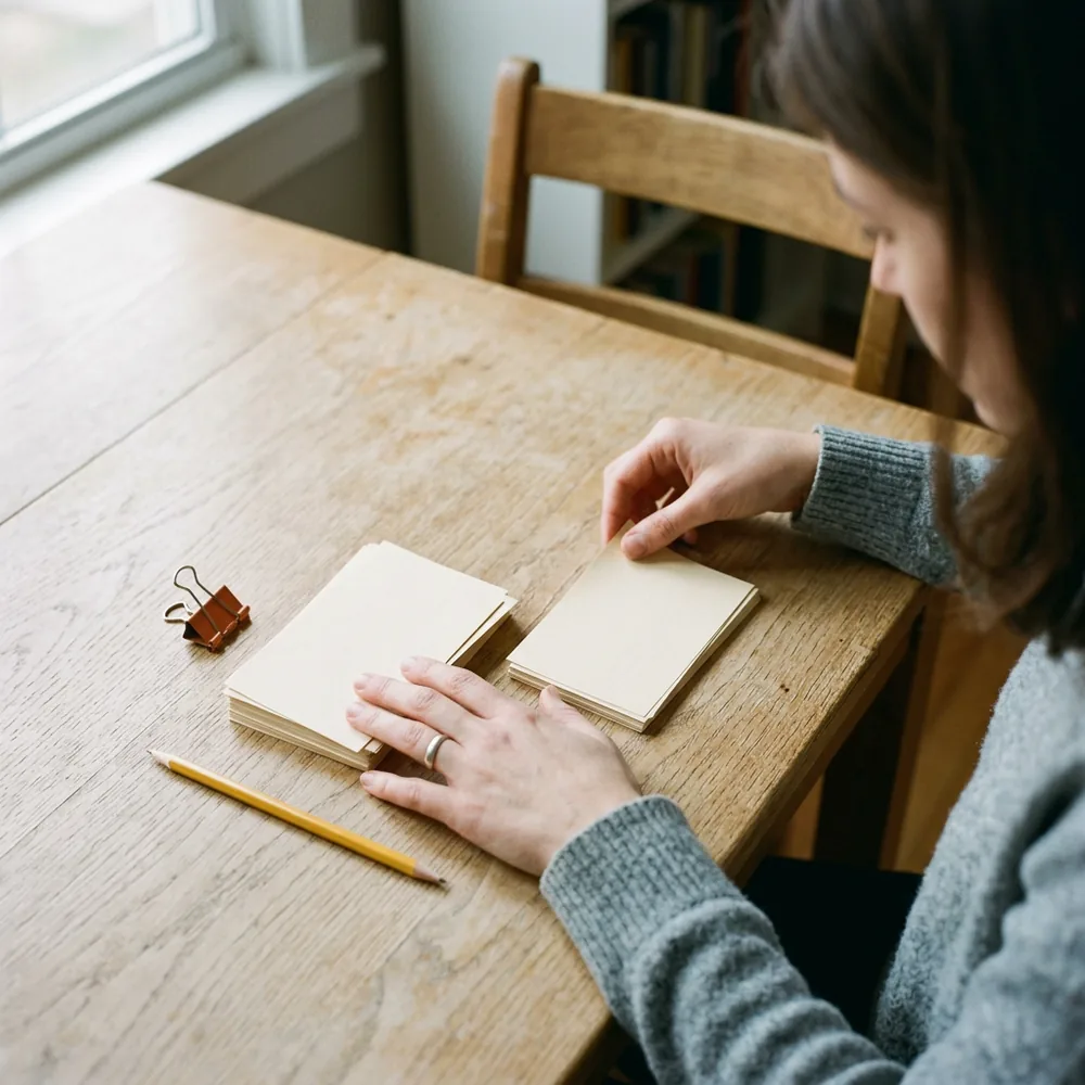 Hands sorting a small stack of blank index cards into two piles on an oak desk beside a pencil and an orange binder clip, the weekly request list a part-time Salesforce admin works through