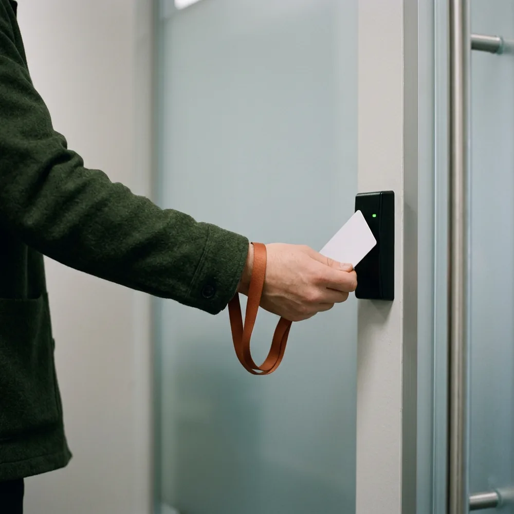 A hand holding a blank white key card to a black door access reader beside a frosted glass office door, the production access an outsourced Salesforce admin carries