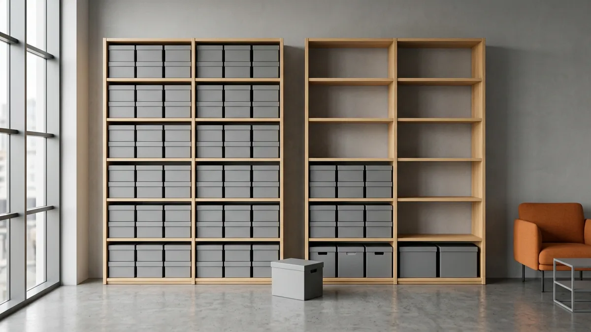 Two matching oak shelving units side by side, one full of gray storage boxes and one only half filled, showing two systems running in parallel during a paused ERP cutover