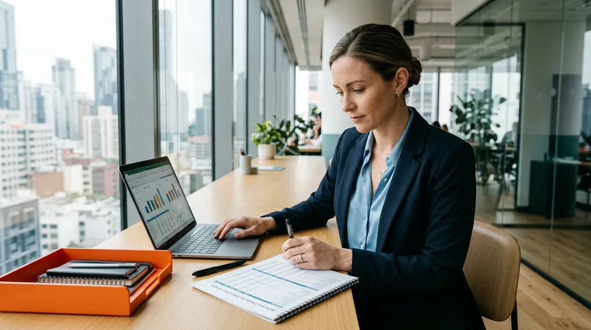 Contract controller reviewing financial close documents and spreadsheets for a newly acquired portfolio company