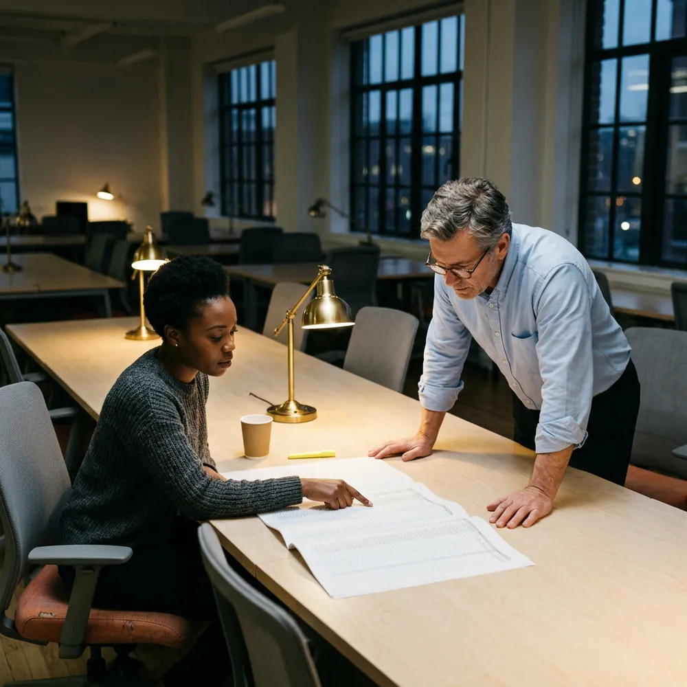 Two analysts at a long table in a quiet office in the evening, one pointing at a line on a printed participant listing while the other follows along