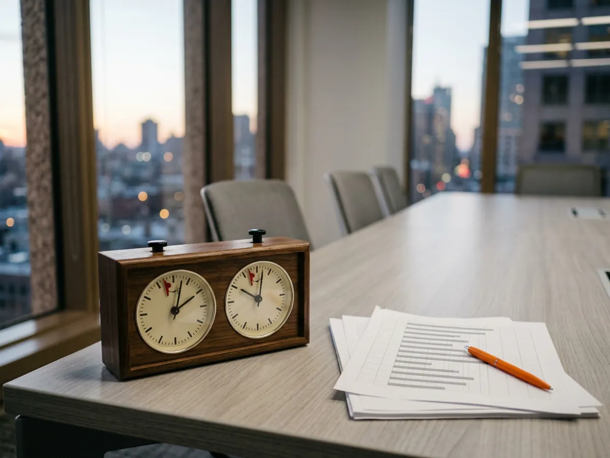 A wooden tournament chess clock with two cream dials on a grey conference table beside a stack of printed pension census pages and an orange pen, evening light from the window