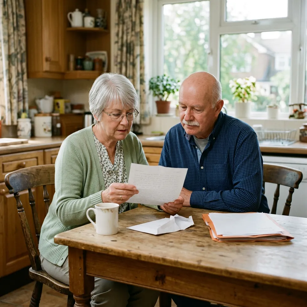 An older couple at a kitchen table reading an opened letter together, a mug and a folder of household papers beside them