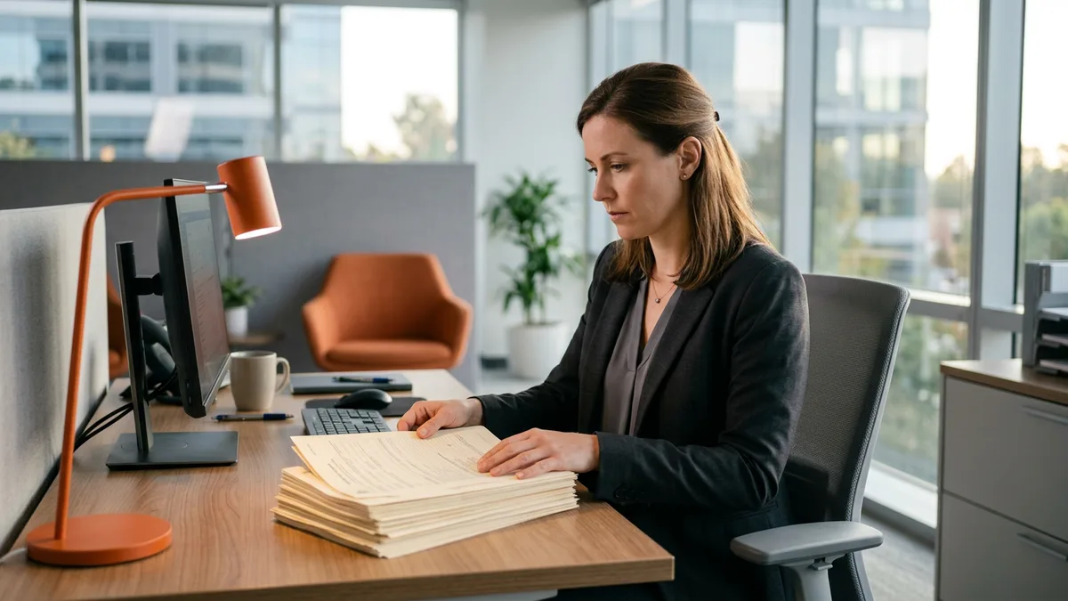 HR director in a charcoal blazer reviewing a thick stack of labor certification paperwork at an office desk with an orange desk lamp