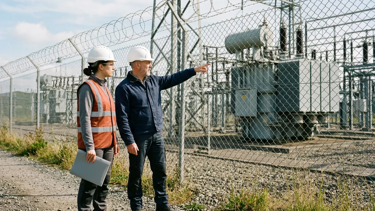 Electrical engineer in an orange safety vest and a senior engineer in a navy jacket, both in white hard hats, reviewing a substation transformer from outside the fence
