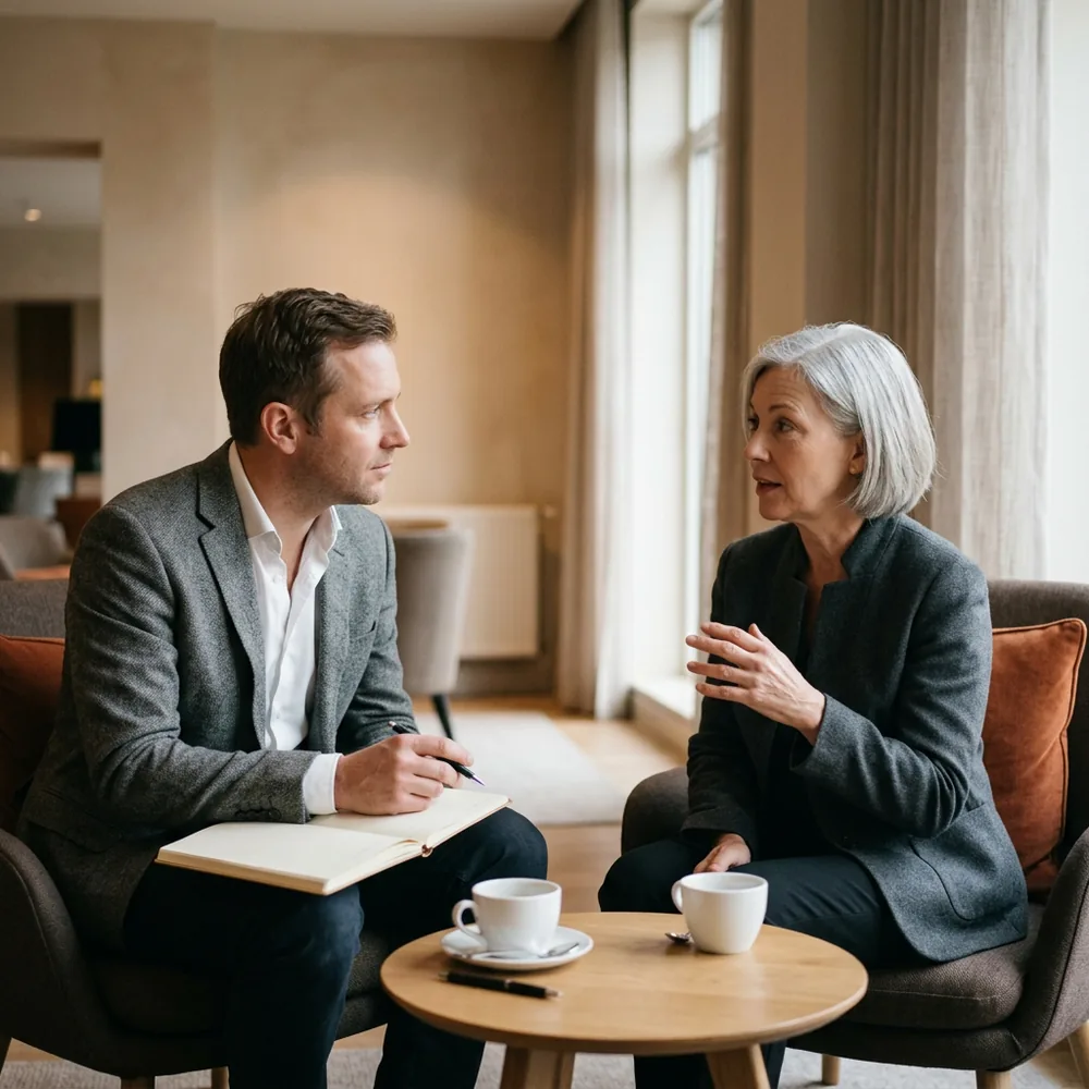 Executive recruiter with an open paper notebook listening to a pharmaceutical leader across a low table in a quiet hotel lounge, two coffee cups and no laptops