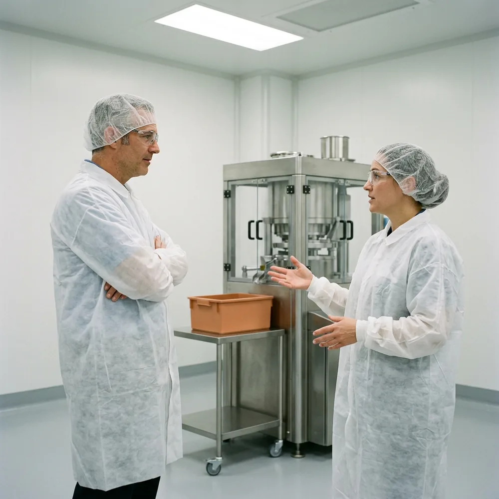 Plant leader in a white gown, hairnet and safety glasses listening to a production supervisor beside a stainless steel tablet press on a pharmaceutical manufacturing floor