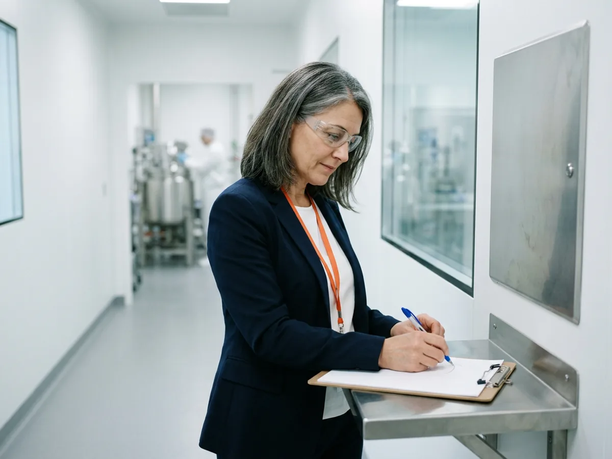 Pharmaceutical site leader in a navy blazer and safety glasses signing a document on a clipboard at a stainless steel wall desk beside a cleanroom viewing window