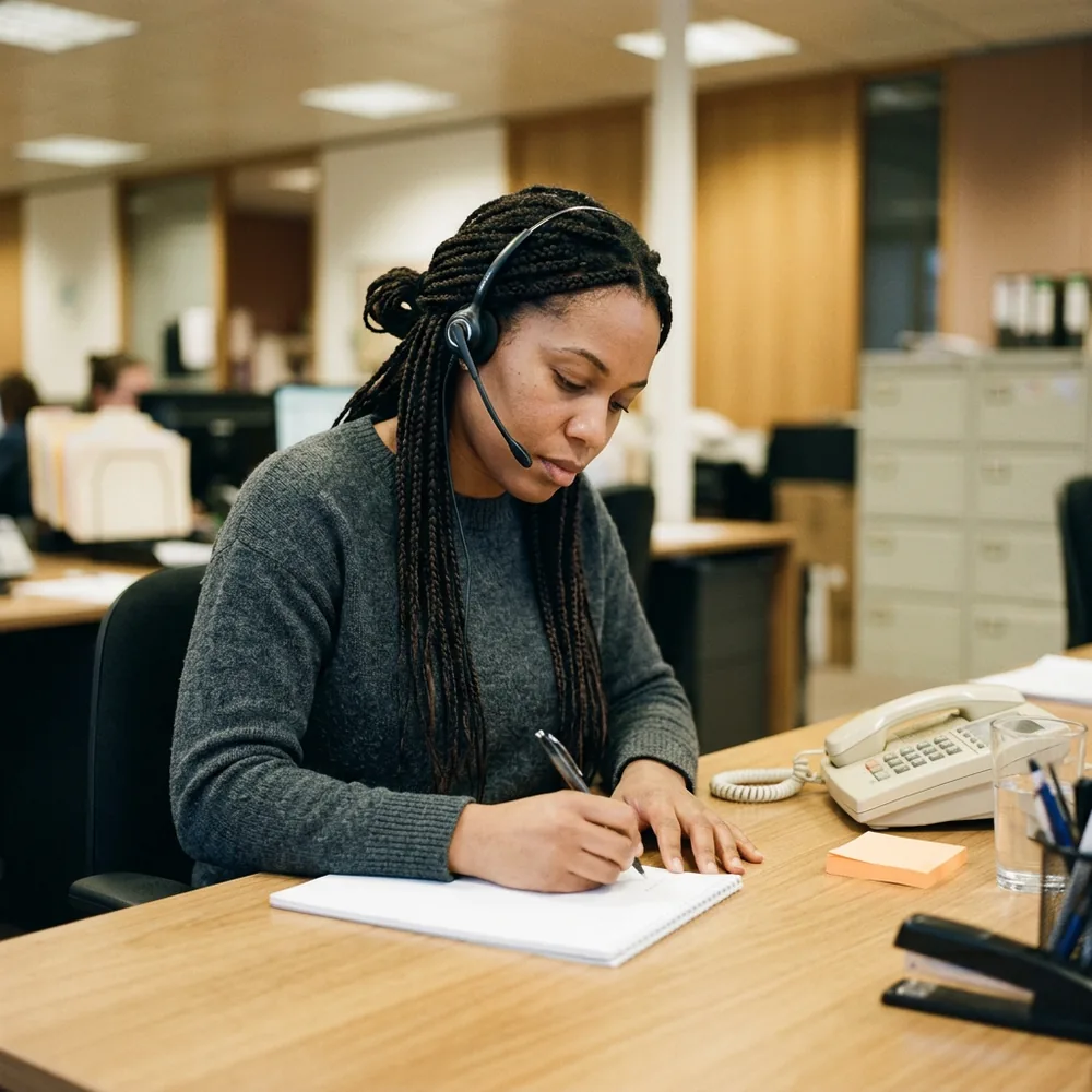 Pharmacovigilance case intake specialist wearing a telephone headset taking notes on a notepad while listening to a caller at a drug safety desk