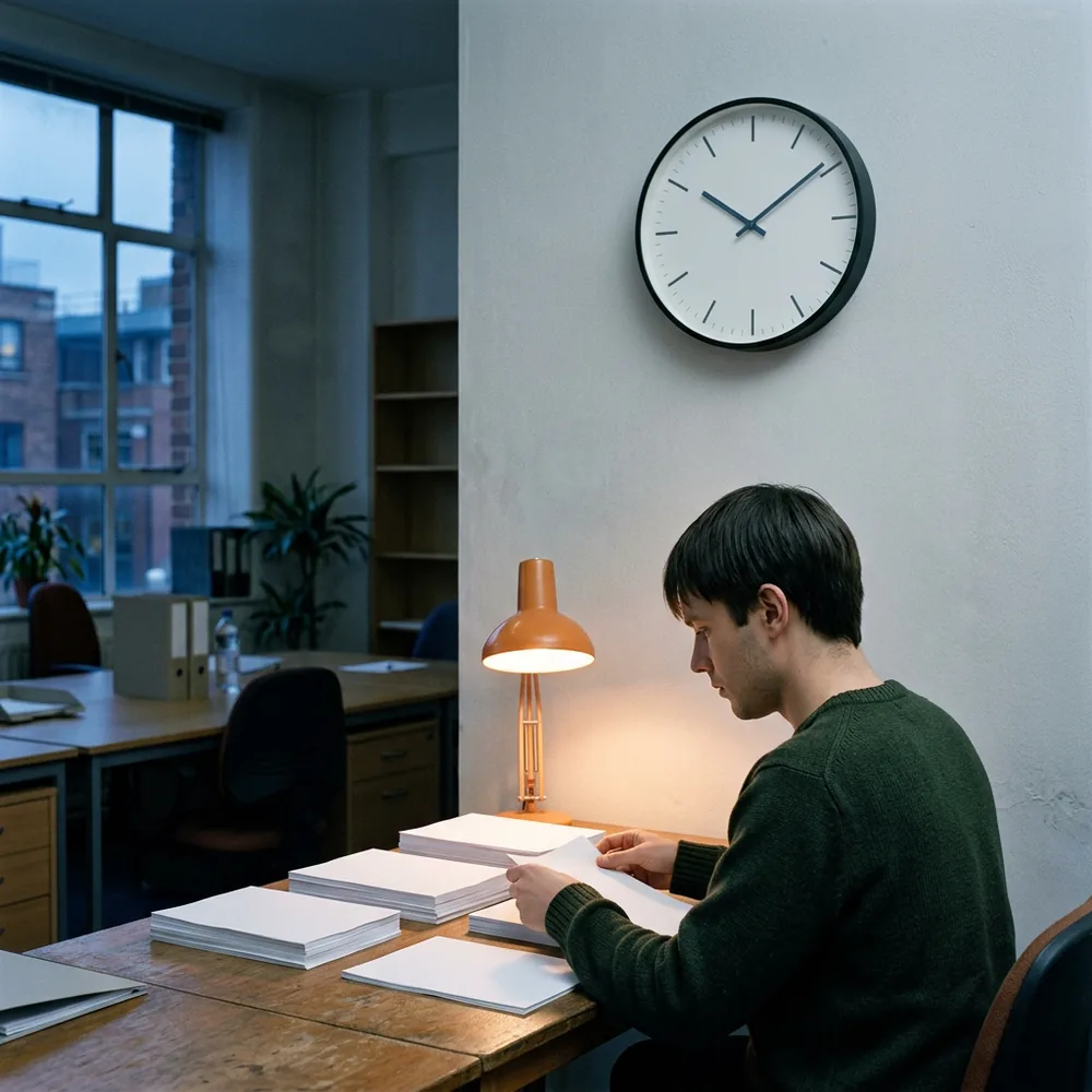 Pharmacovigilance case processor sorting stacks of case pages at an office desk in the evening under a round wall clock with blue steel hands