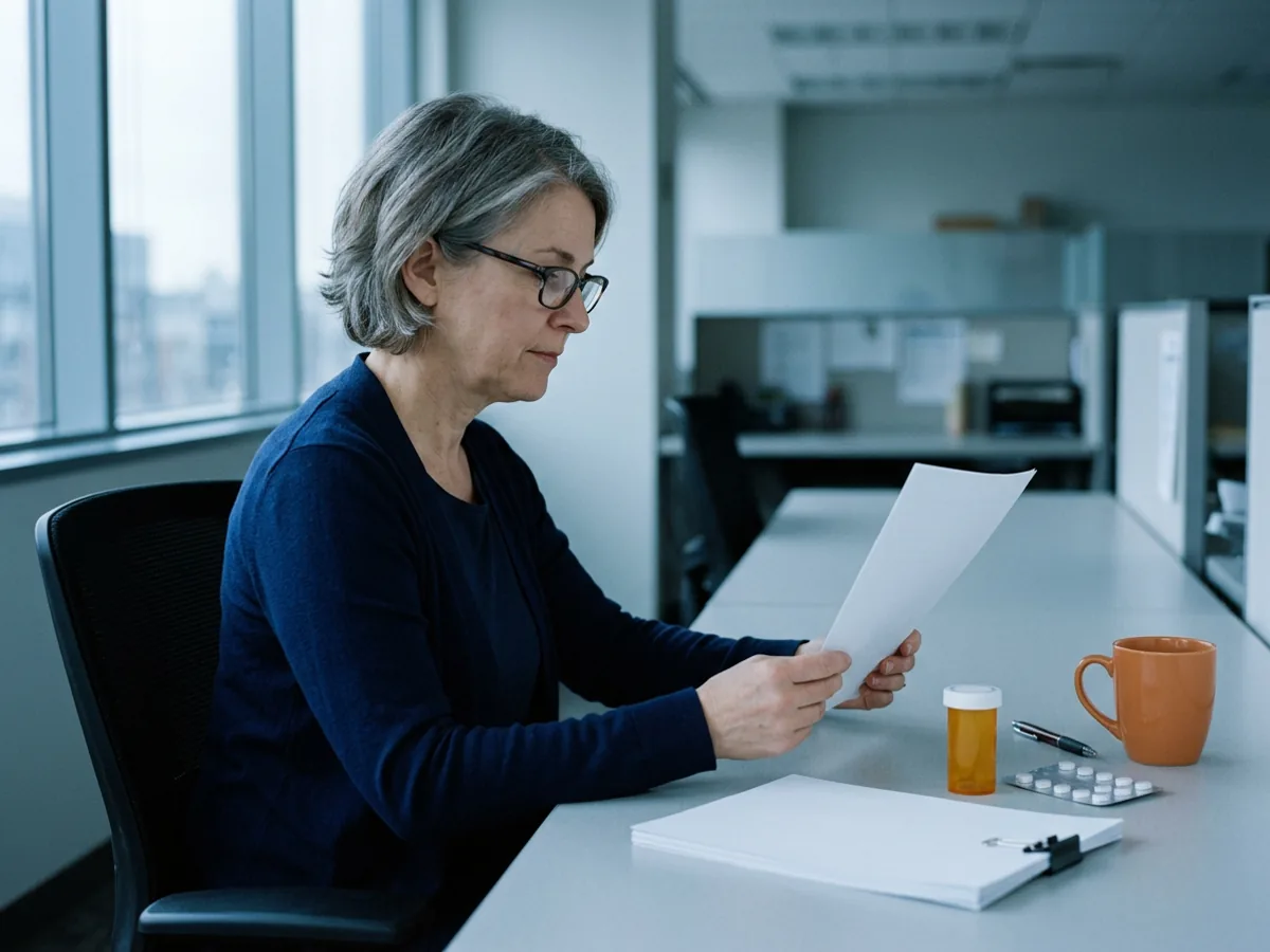 Drug safety physician with reading glasses reviewing a single page at a desk beside an amber pill bottle, a blister pack of tablets and an orange mug in a pharmacovigilance office