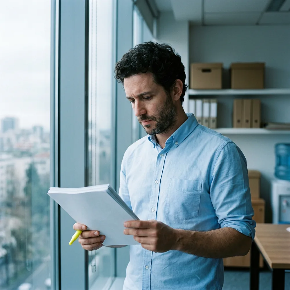 Drug safety scientist in a light blue shirt reading a stack of case pages by an office window while holding a capped yellow highlighter