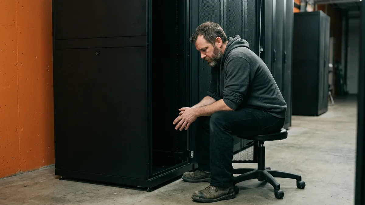 Tired systems administrator in a gray hoodie sitting on a rolling stool beside an open server rack with an orange wall behind him