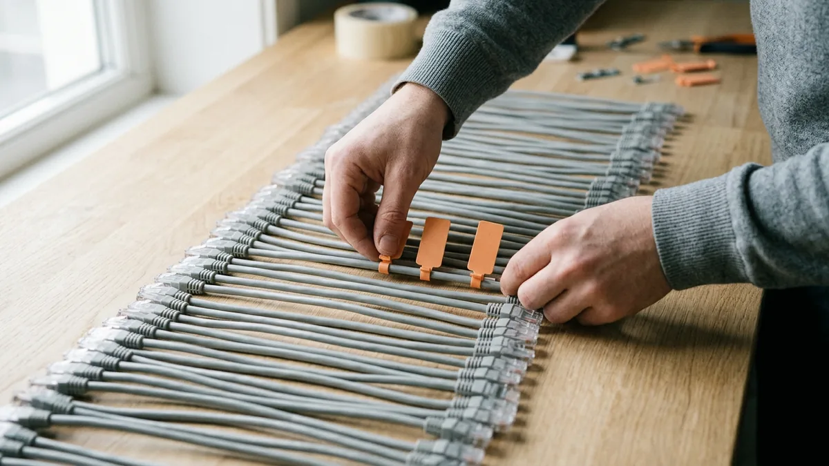 Hands clipping blank orange tags onto a row of identical gray network cables on an oak workbench, a metaphor for taking inventory before patching