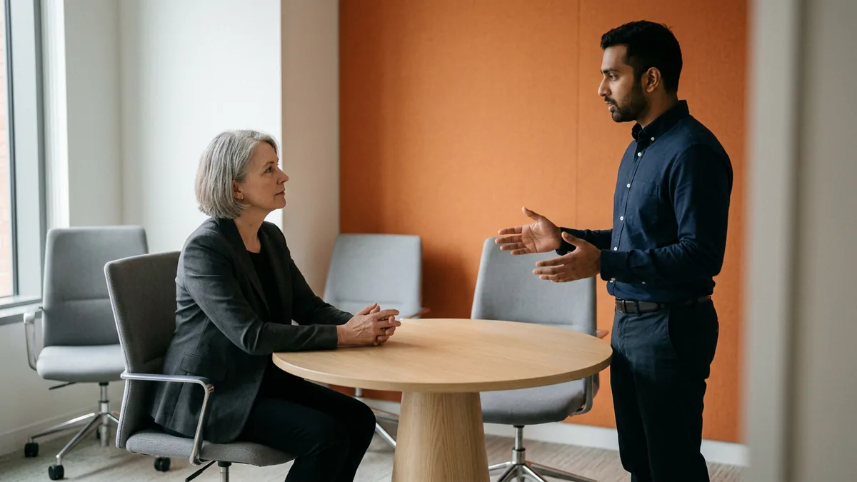 Woman in a charcoal blazer listening to a standing PHP developer explain an upgrade plan at a round oak table in a conference room with an orange wall