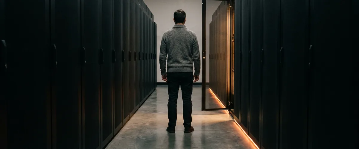 Systems administrator seen from behind standing in a dark server aisle beside an open rack cabinet lit by an orange floor strip