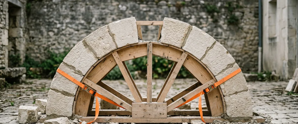 Half-built limestone arch held up by a temporary wooden support frame with orange straps in a stone courtyard, a stand-in for a contract bridge team holding integration work while the permanent team settles