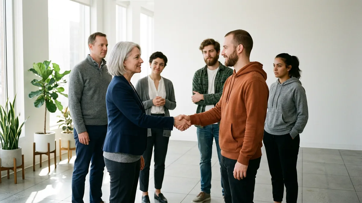 Engineering leader in a navy blazer shaking hands with a bearded engineer in a burnt orange hoodie as two small teams meet for the first time in a bright office