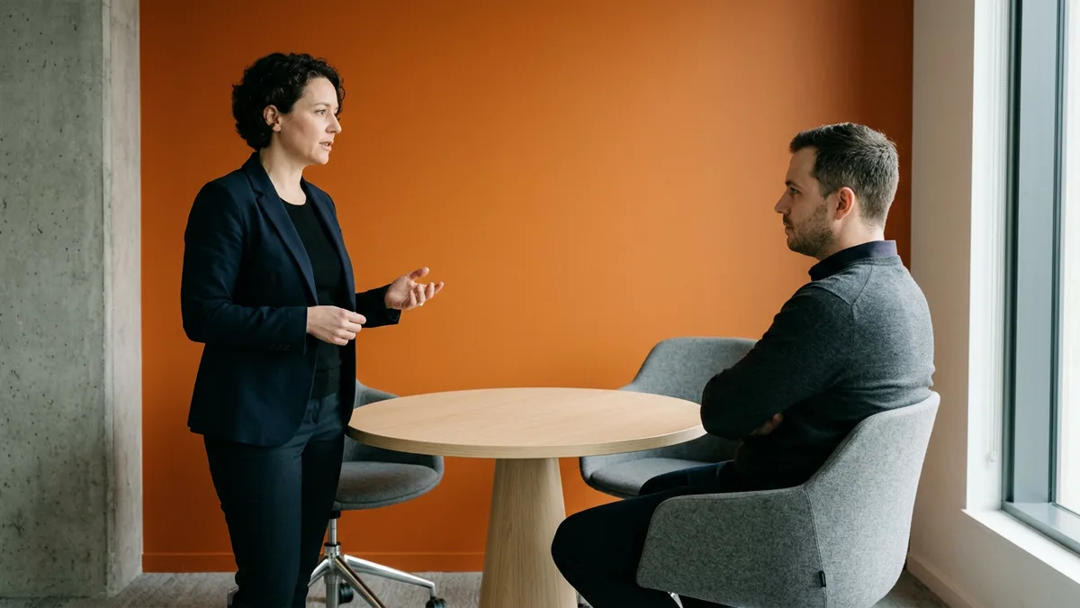 Security leader explaining a post-quantum migration plan to a seated engineer in a conference room with an orange accent wall