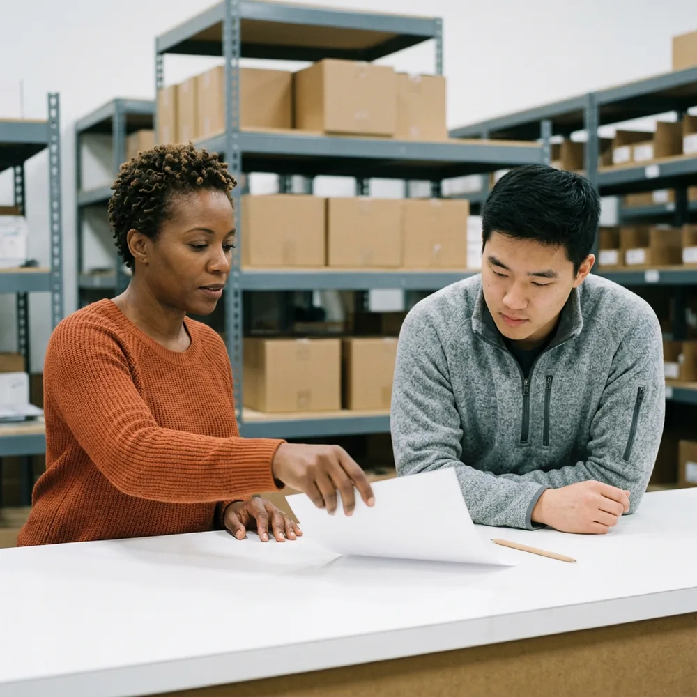 Two colleagues at a distributor counter looking over a single sheet of paper with a pencil beside it, shelves of plain boxes behind them, the kind of manual task a Power Automate consultant turns into a flow