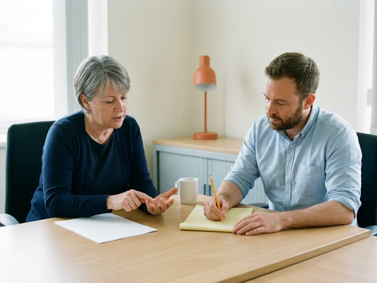 A credit manager counting off the steps of a task on her fingers while a contract Power Platform developer writes them on a yellow legal pad, the first hour of a Power Automate consulting engagement