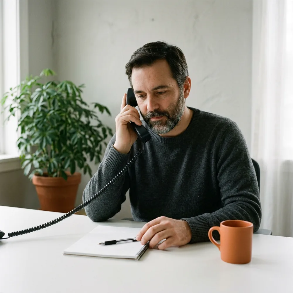 An employee listening on a corded desk phone with a pen resting on a blank notepad and an orange mug nearby, the plain-language request that a Copilot Studio agent hands to a Power Automate flow