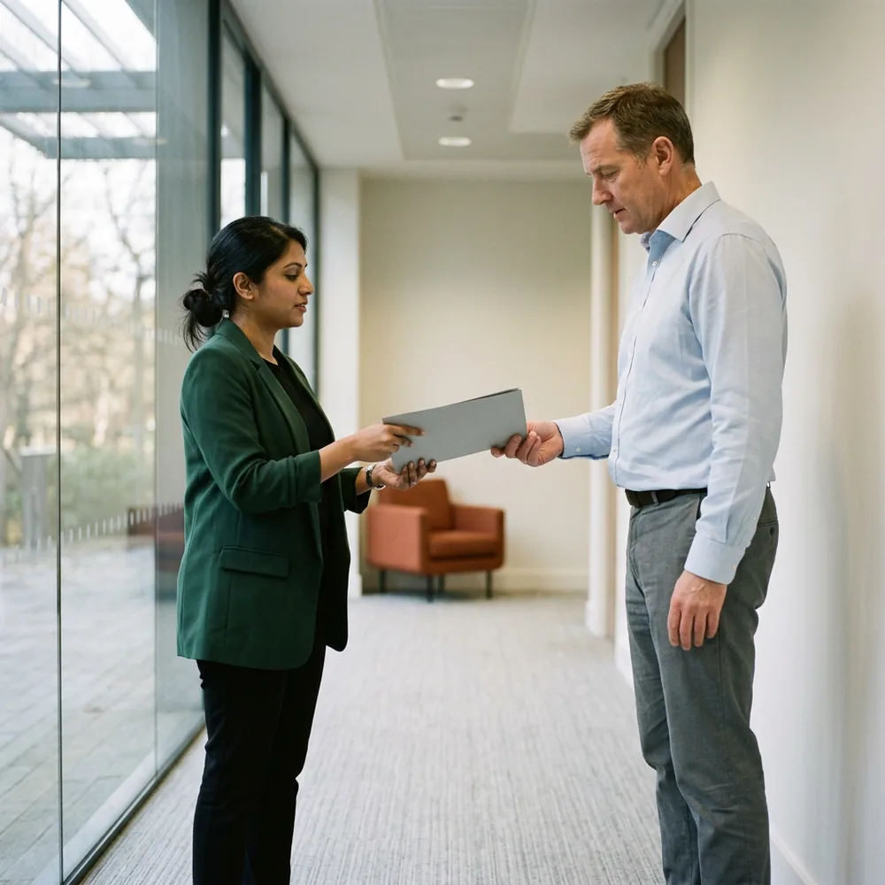 A contract Power Platform developer handing a slim grey folder to an IT manager in a glass-walled office corridor, the documentation that closes out a Power Automate consulting contract
