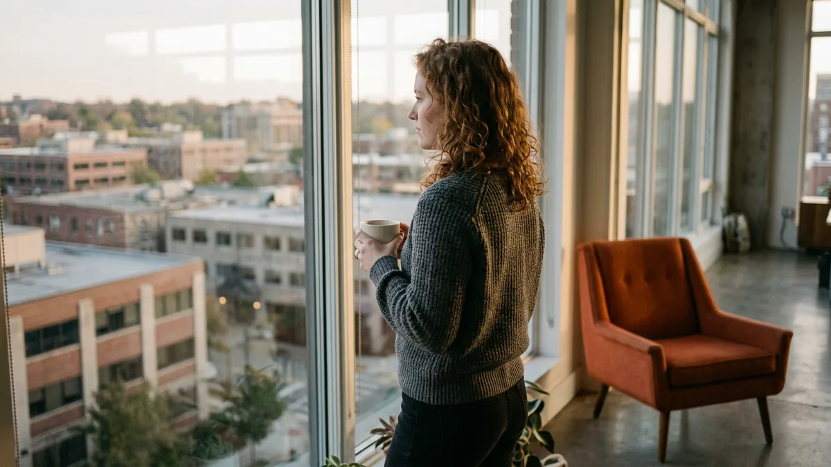 Data analyst holding a coffee cup at an office window overlooking a city, thinking through a Power BI model problem