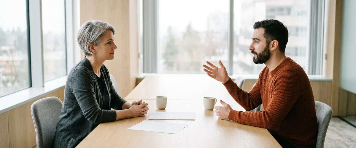 Hiring manager listening as a Power BI developer candidate in an orange sweater explains an answer across a meeting table