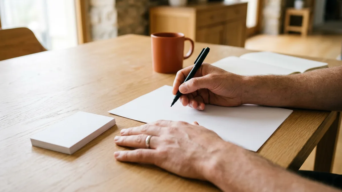 Power BI developer candidate holding a felt-tip pen over blank paper beside a stack of index cards during a DAX reading exercise