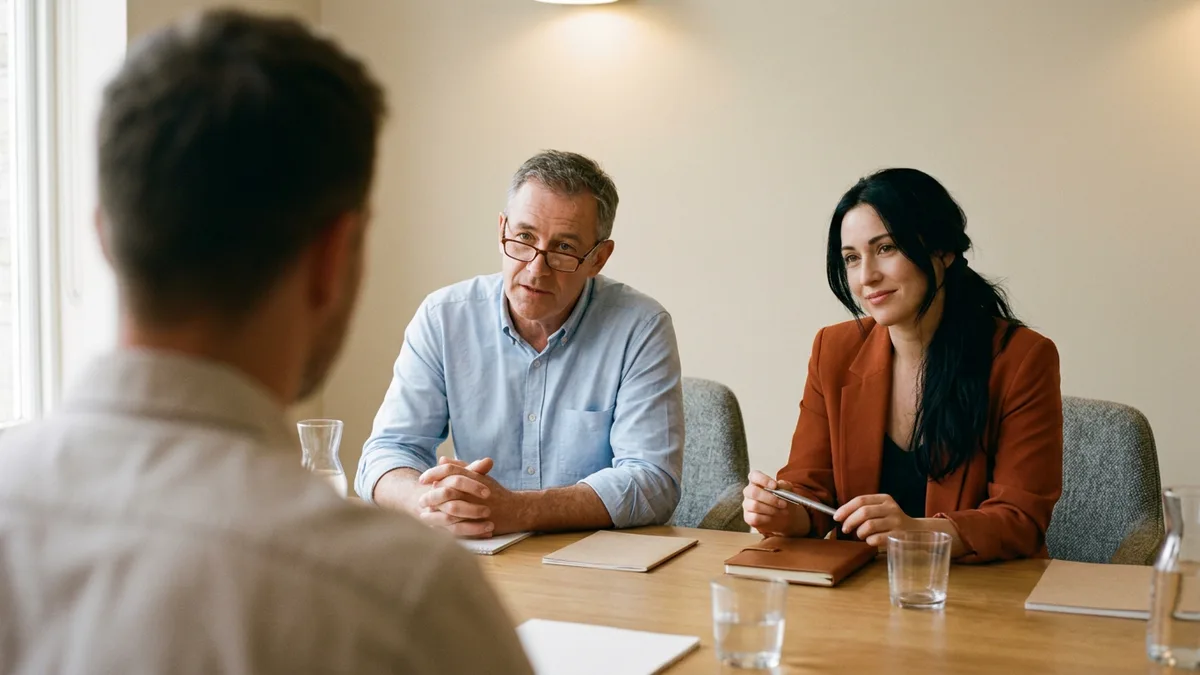 Two-person hiring panel listening across a meeting table while a Power BI developer candidate explains a DAX answer