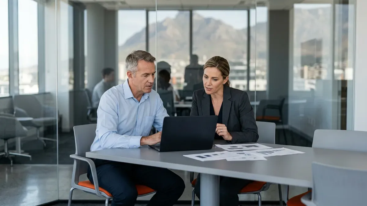 Two analytics leaders reviewing a Power BI capacity plan on a laptop in a conference room