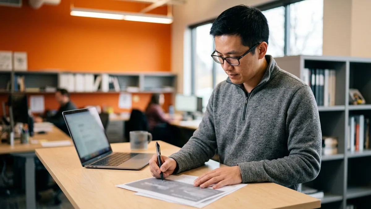 Analytics manager marking up a printed draft of a Power BI developer job description at a standing desk