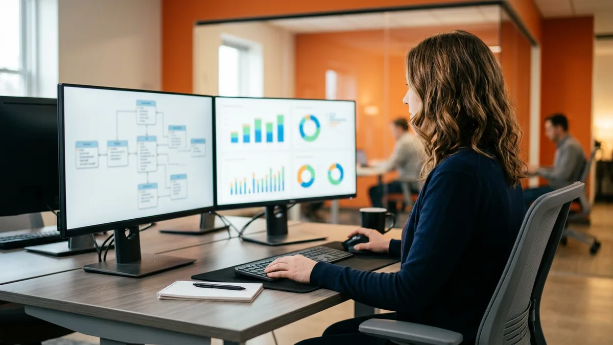 Power BI developer reviewing a semantic model diagram and report charts on two monitors