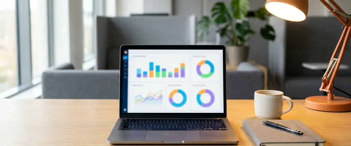Laptop showing an abstract business dashboard beside a notebook and coffee mug on an office desk