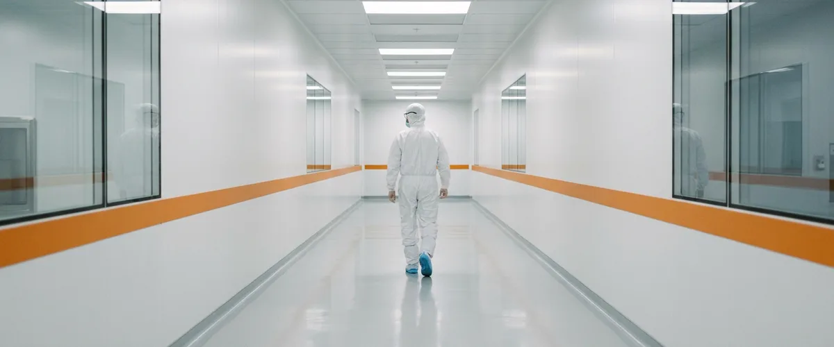 Technician in a white sterile coverall walking down a bright cleanroom corridor with an orange stripe along the walls