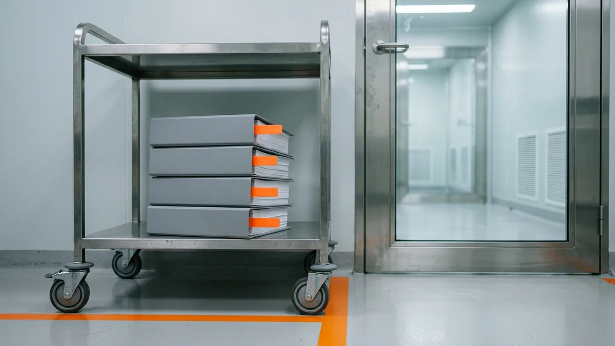 Stainless steel cart holding four grey protocol binders with orange tabs beside a cleanroom airlock door
