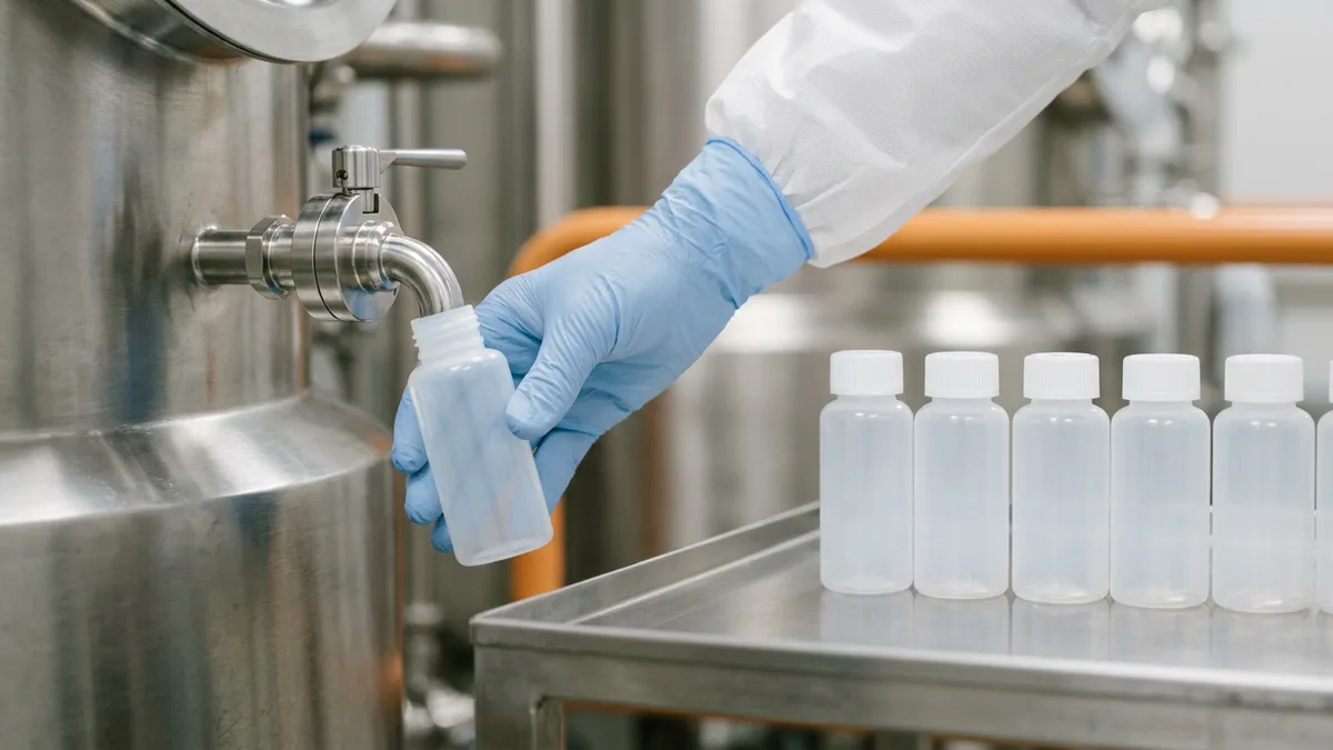 Gloved hand holding a sample bottle under a stainless steel sampling valve beside a tray of empty sample bottles in a pharmaceutical manufacturing suite