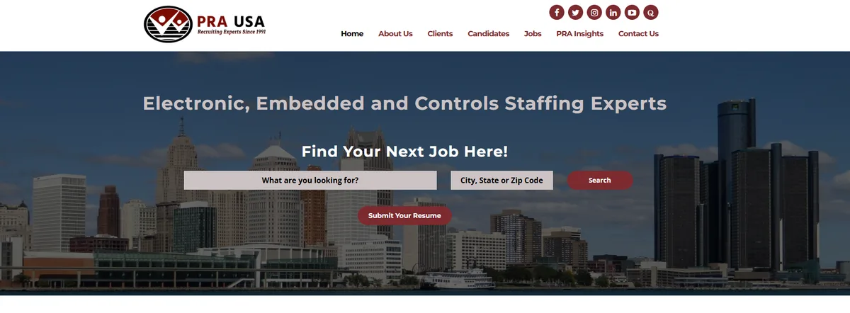 PRA USA homepage showing its electronics, embedded and controls staffing focus, ranked number two for 2026