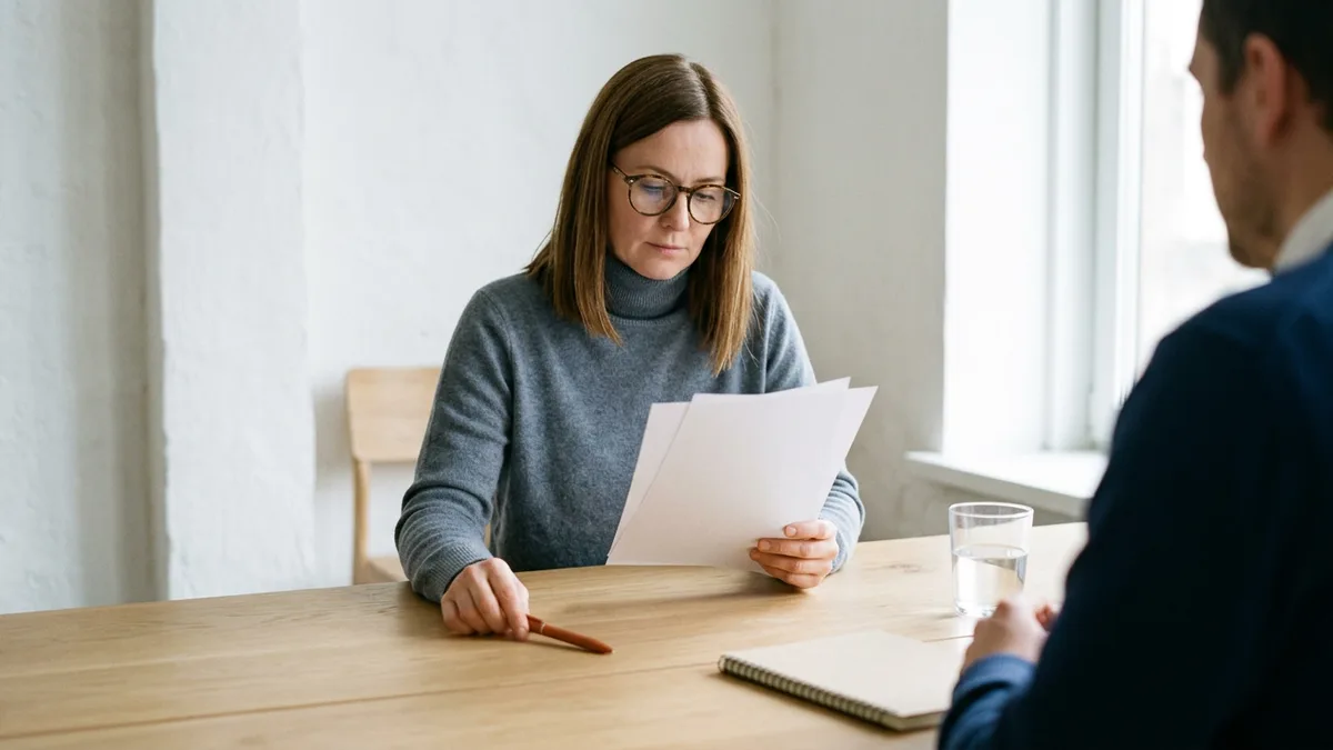 Principal product manager candidate in glasses and a gray turtleneck reading a two-page decision memo at an oak table, orange pen in hand