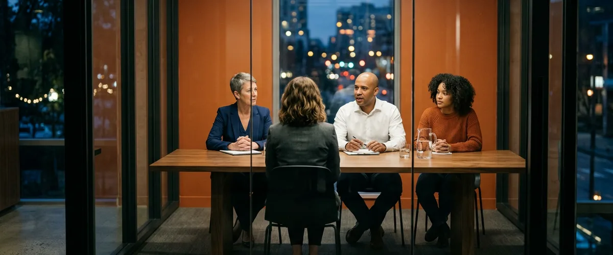 Three interviewers at a walnut table facing a candidate in a glass-walled conference room with an orange wall and city lights at dusk