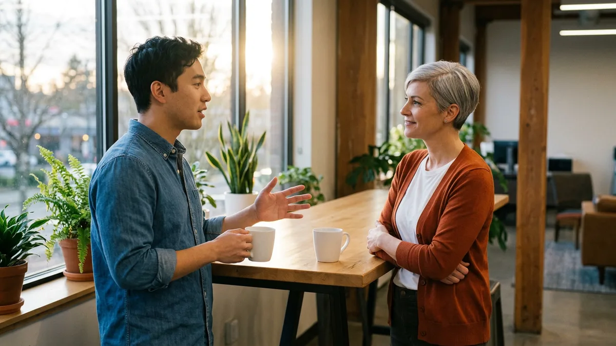 Product manager in a denim shirt explaining an idea to a colleague in an orange cardigan over coffee at a tall table by an office window