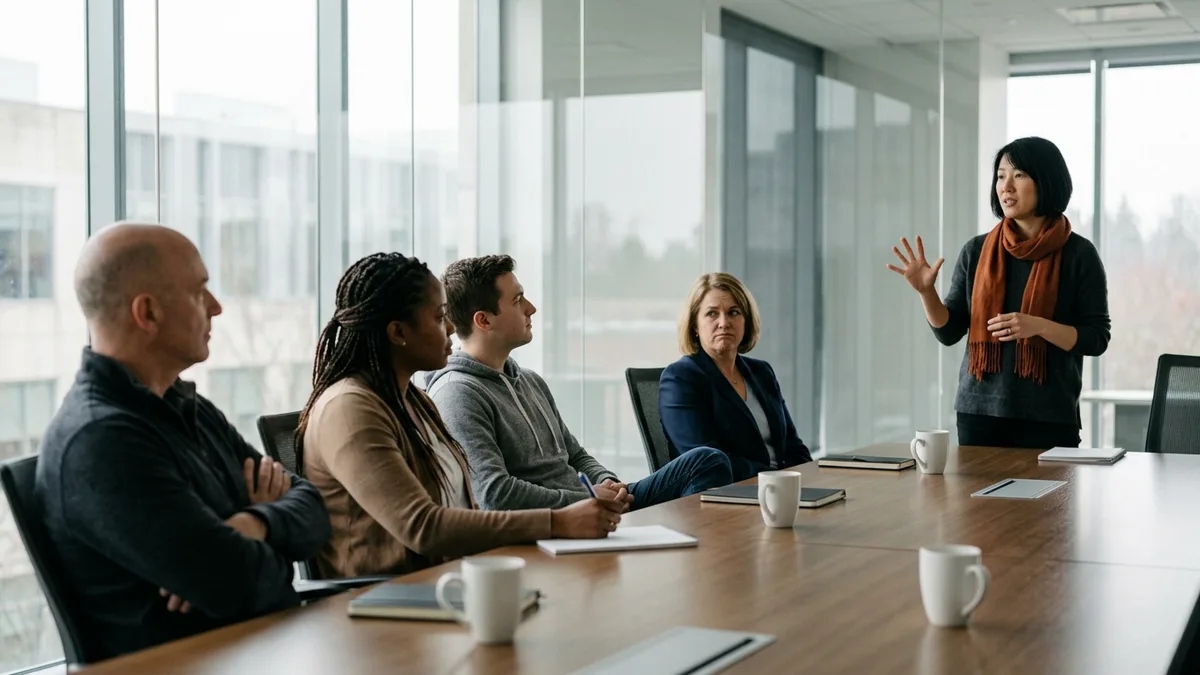 Principal product manager in an orange scarf standing at the end of a conference table making her case to four seated directors who do not report to her