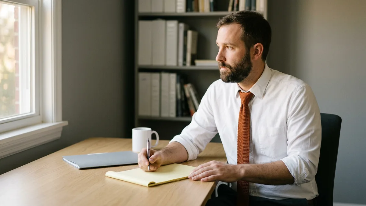Hiring manager in an orange knit tie at an oak desk with a pen over a blank legal pad, deciding how to write the bet for a principal product manager posting