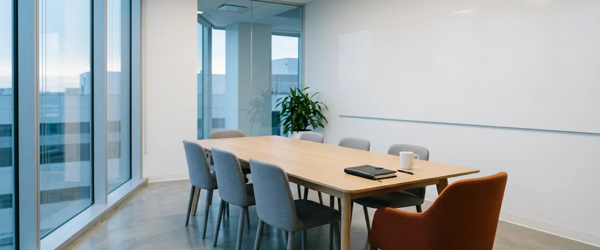 Empty glass-walled conference room with a long oak table, gray chairs, and one burnt orange chair at the head beside a closed notebook and a white mug