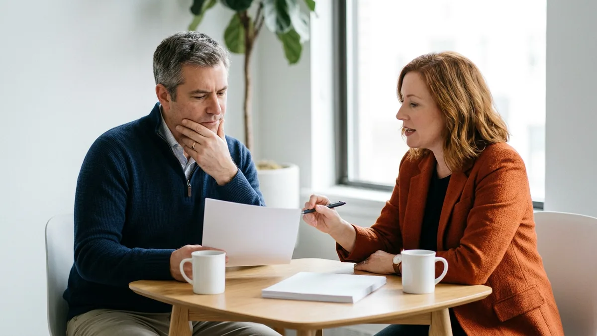 VP of Product in a navy quarter-zip weighing a draft principal product manager job description while a recruiter in an orange blazer points out what it is missing