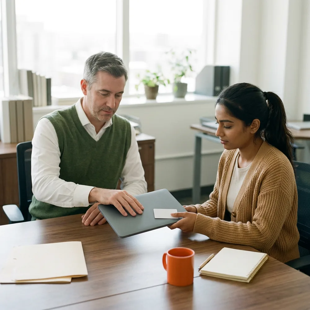 Fund operations manager slides a closed laptop and a plain key card across a desk to a contractor who reaches for them, an orange mug and a notebook nearby