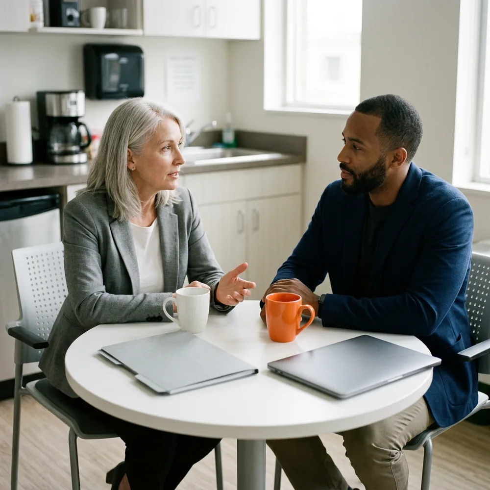 Finance manager with silver hair and a contractor in a navy jacket talk across a small round table in an office kitchenette, a closed folder and an orange mug between them