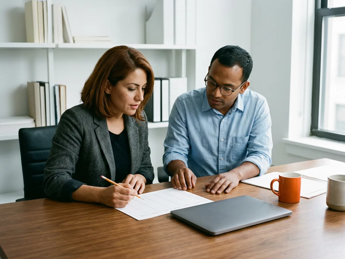 Fund operations analyst rests a pencil on a printed schedule of blank columns while a contract data engineer in glasses leans in to read it, a closed laptop and an orange mug on the desk