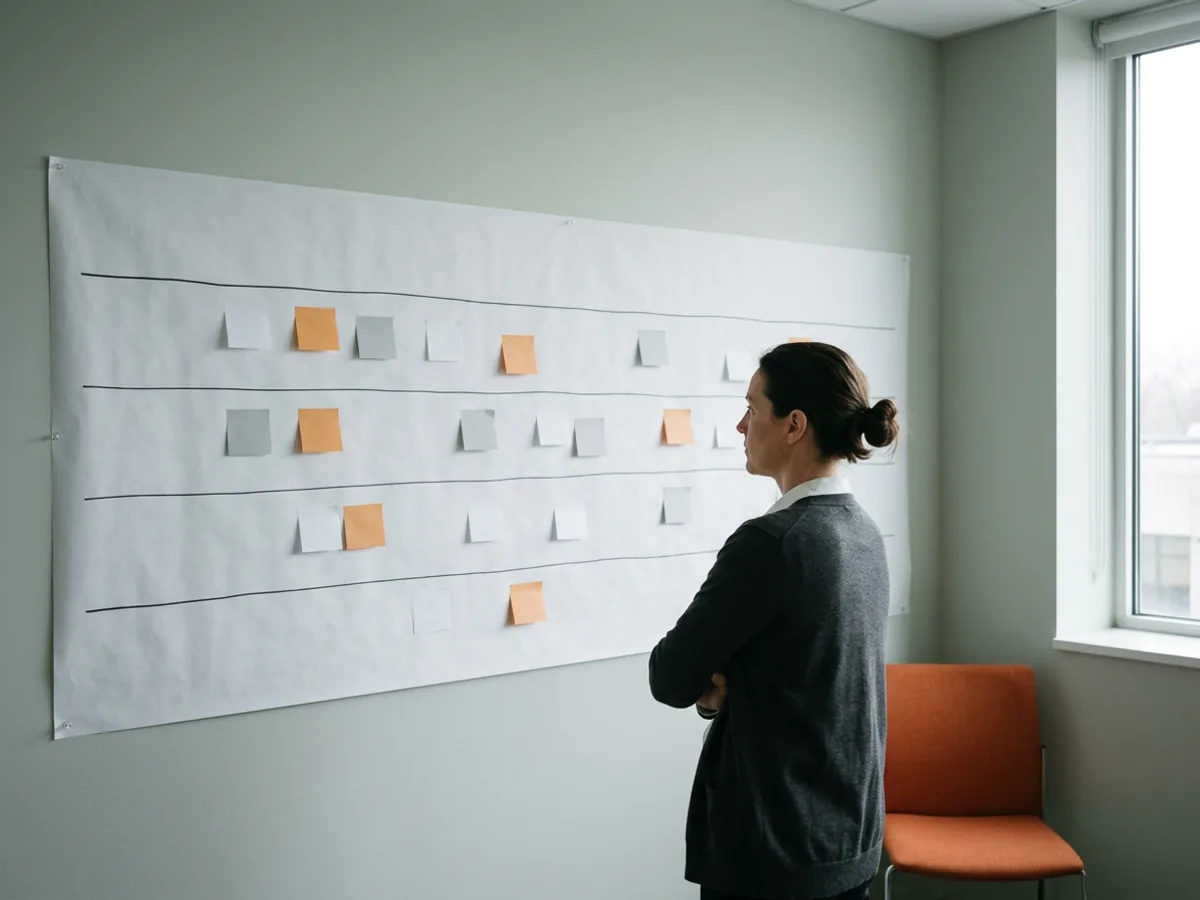 Consultant studying a current-state process map drawn on a long roll of paper pinned across a meeting room wall, five empty swimlanes ruled in marker with blank white and orange notes placed along them